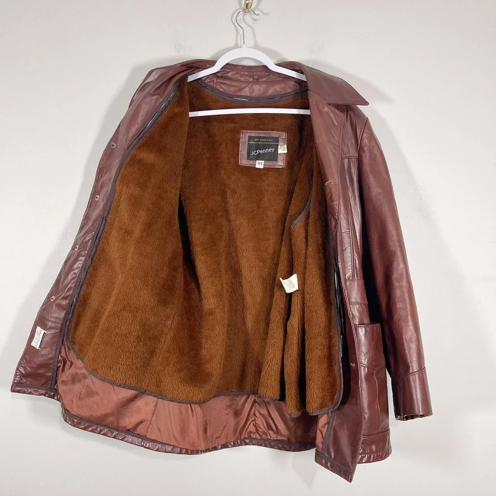 VTG JC Penny‎ Leather Jacket Mens 44 Brown Zip Out Faux Fur Lined 80s Retro